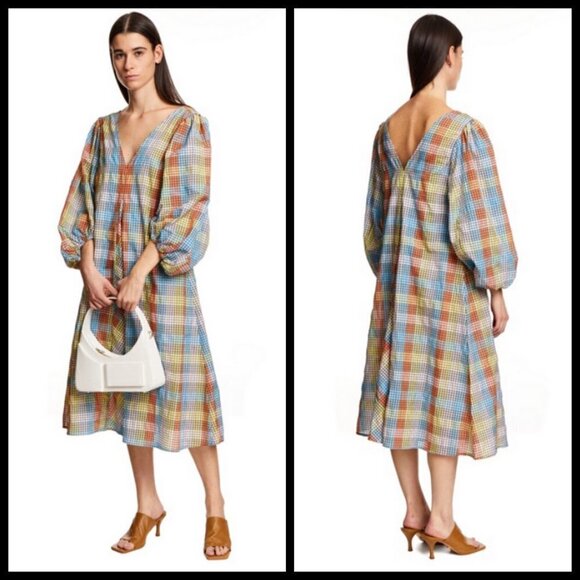💕GANNI💕 Seersucker Check Dress ~ Midi Tent Plaid Picnic Balloon Sleeve Size 40 - Picture 6 of 16